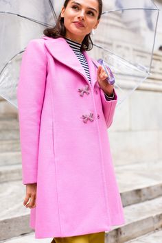 From her fine Italian virgin wool to her impeccably tailored A-line silhouette, the Olivia Coat was designed to stand the test of time. Bejeweled bow buttons lend our signature MAE twist, while the rosy pink hue will brighten up even the chilliest winter day. outer: 100% Italian virgin wool a-line silhouette with princess seams and full length sleeve side seam pockets (for snacks!) size 4 measures 35" long from highest shoulder point dry clean only proudly made in new york city fit notes: please 8th Grader, 2023 Wardrobe, New York City Fashion, Preppy Fashion, Preppy Winter, Outerwear Trends, Candy Red, Fitted Coat, Rosy Pink