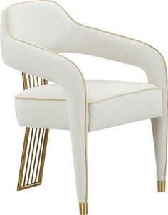 a white chair with gold trimmings on the arm and back, against a white background