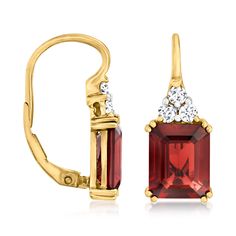 Ross-Simons - 7.00ct t. w. Garnet, .38ct t. w. Diamond Drop Earrings in 14kt Yellow Gold. On this sophisticated pair, deep 7.00 ct. t. w. emerald-cut garnets beckon a warm radiance below shimmering clusters of .38 ct. t. w. round brilliant-cut diamonds. Crafted in 14kt yellow gold. Hanging length is 7/8". Leverback, diamond and garnet drop earrings. Garnet birthstones are the perfect gift for January birthdays. Classic Evening Earrings With Baguette Cut, Formal Red Earrings With Diamond Accents, Classic Evening Earrings Baguette Cut, Formal Red Diamond Earrings, Classic Baguette Cut Earrings For Evening, Classic Formal Baguette Cut Diamond Earrings, Classic Evening Baguette Cut Earrings, Formal Baguette-cut Earrings With Diamond Accents, Formal Baguette Cut Earrings With Diamond Accents