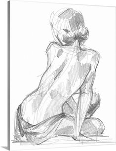 a drawing of a woman sitting on the ground with her back turned to the camera