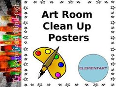 an art room clean up poster with paintbrushes and stars on the bottom right corner