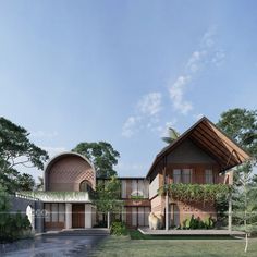 Unique style tropical house design in Kerala, India Sloping Roof Architecture, Tropical Modern Architecture, House With 5 Bedrooms, Sloping Roof, Modern Tropical House, House Unique, Courtyard House Plans