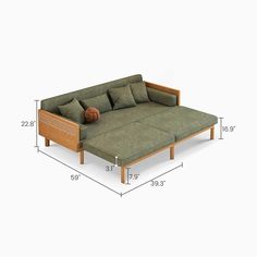 an image of a couch with pillows on it's back and measurements for the size