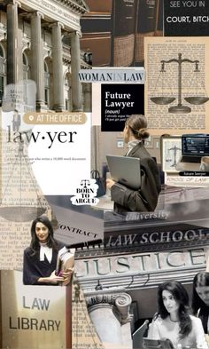 collage of law school images with women in the background