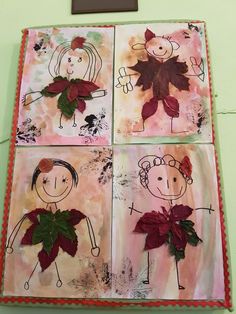 four handmade cards with red poinsettis on them, hanging on the wall