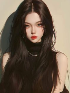 a digital painting of a woman with long black hair