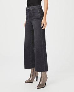 This modern high-waisted wide leg has an easy, relaxed fit and an ankle length silhouette. This style is cut from our PAIGE Vintage denim and comes in a vintage black wash with whiskering, fading, and a raw hem. PAIGE Vintage takes all of the work out of breaking in your favorite pair of vintage jeans. We've combined the comfort of stretch with everything you love about authentic vintage denim to create super soft jeans that feel perfectly lived-in from the very first wear. Wide Leg Ankle Jeans, Black Lotus, Breaking In, Denim Branding, Paige Denim, Ankle Jeans, Vintage Jeans, Lifestyle Brand, Modern Living