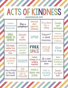 the acts of kindness game is shown in rainbow and white stripes, with words that spell out