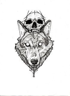 a drawing of a wolf with a skull on its head