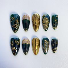 custom nails,long nails ,short nails ,long Coffin Nails,short Coffin Nails,long almond nails,short almond nails,Spring Nails,summer Nails,fall nails,fake nails,presson nails,kawaii nails,gyaru nails,glue on nails,false nails,cute nails,christmas nails,chrome nails,Stiletto Nail,Princess nails,Fairy Nails, Elegant nails,Trendy nails 🌸About the product  1.Each set include 10 nails of 100% handmade  2. Cuticle stick 3. Nail file 4. Jelly glue set 5. Packaging storage box 🌸Material: Acrylic 🌸How Etsy Press On Nails, Gold Chrome Almond Nails, Celtic Nails, Fall Nails 3d, Chrome Nails Dark, Short Almond Nails Fall, Green Fairy Nails, Free Style Nails, Almond Nails Fall