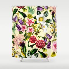 a shower curtain with flowers and leaves on the outside, in pastel yellow background