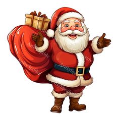 a cartoon santa claus carrying a sack of gifts and waving with his arms in the air