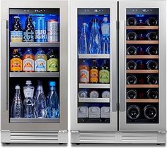 two stainless steel refrigerators filled with drinks and beverages, one is open and the other has empty bottles