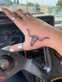 Longhorn Skull Dream Catcher Tattoo, Bull Tattoo On Hand, Arm Tattoos For Women Above Elbow, Small Cowgirl Tattoos For Women, Country Tattoos For Couples, Longhorn Tattoo On Hand, Longhorn Head Tattoo, Bull Hand Tattoo For Women, Cowgirl Hand Tattoo