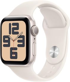 the apple watch series 4 is white and has a beige face with black numbers on it