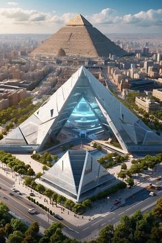 an aerial view of the pyramid shaped building