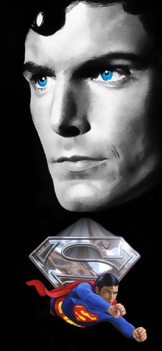 the superman movie poster has blue eyes and an evil man's face in front of him