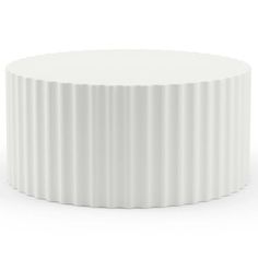 a white round table with pleated edges on the top and bottom, against a white background