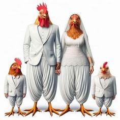 three chickens dressed in white standing next to each other with their faces painted like humans