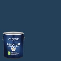 a blue paint can with the words valpsar signature written in white on it