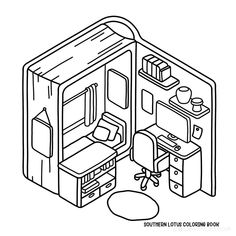 a black and white drawing of an open suitcase with clothes hanging on the shelf next to it