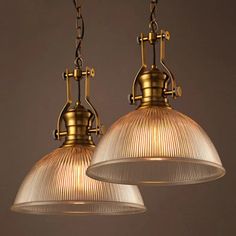 Brass Finish Bowl Pendant Light With Clear Ribbed Glass And Handle - Warehouse Bistro Hanging Bedside Hanging Lights, Brass Pendant Lamp, Bulb Pendant Light, Dome Pendant Lighting, Bowl Pendant, Copper Pendant Lights, Hanging Fixture, Glass Pendant Lamp, Ribbed Glass