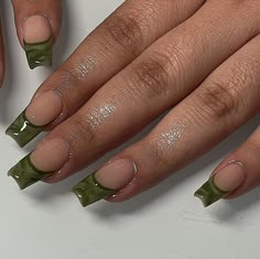 Fall Nail Color Classy But Edgy Nails, Olive French Tip Nails, Green Nail Designs Square, Jade Green Nails Acrylic, Nail Art Step By Step, Art Step By Step, Green Acrylic Nails, Green Nail, Flower Nail