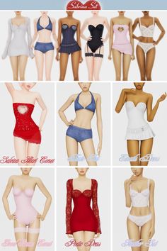 several different types of women's swimsuits in various colors and sizes, all with