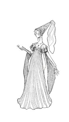 a black and white drawing of a woman in a dress