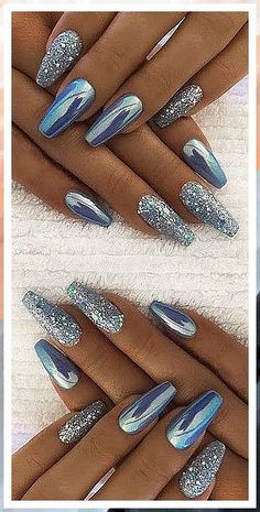 Silver Nail Designs, Silver Nail, Metallic Nails, Glam Nails, Nail Designs Glitter, Pretty Acrylic Nails, Fancy Nails