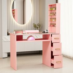 a pink desk with drawers and a mirror