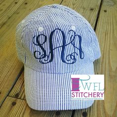 Super cute - Monogrammed Seersucker Pinstripe womens hat. **Navy **Pink **Red **Yellow **Green You choose color of hat, color of monogrammed letters and the monogram font style (see above picture). Please leave a note of the order you would like the Monogrammed letters to be in  Monogrammed usually goes in this order  FIRST NAME - LAST NAME - MIDDLE NAME Katelynn Ann Smith KSA Please message me if you have any questions. Striped Cotton Cap, Adjustable Striped Baseball Cap, Casual Striped Adjustable Baseball Cap, Striped Cotton Hat With Curved Brim, Monogram Hats, Womens Hat, Middle Name, Quality Hats, Monogram Fonts