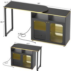 a black and gold computer desk with two shelves on each side, measurements for the top