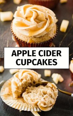 apple cider cupcakes with cinnamon butter frosting on top and the title overlay reads, apple cider cupcakes