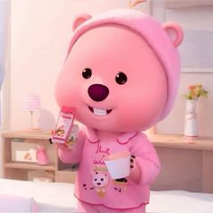 a pink teddy bear is holding a cup in her hand and smiling at the camera