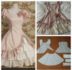 three pictures of different dresses and patterns on the same piece of cloth, one is made out of paper