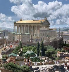 an artist's rendering of the ancient city of rome, with people walking around