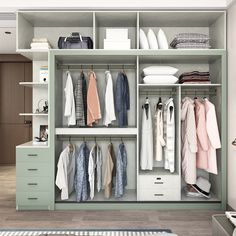 an organized closet with clothes, shoes and other items on it's shelves in a bedroom