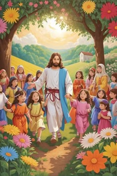 a painting of jesus walking down a path with children in the grass and flowers around him