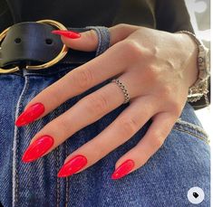 Classy Bright Nails, Bright Red And Pink Nails, Bright Almond Acrylic Nails, Bright Red Oval Nails, Bright Red Dip Nails, Red Nails Bright, Red Dip Nails Design, Bright Red Orange Nails, Reddish Orange Nails