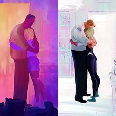 two paintings of people standing next to each other, one is hugging the other's head