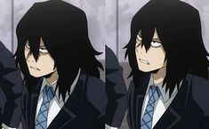 an anime character with long black hair wearing a suit and tie, staring at the camera