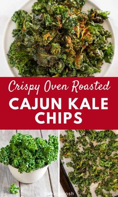 oven roasted cajun kale chips in a white bowl and on a wooden table