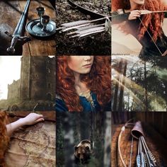 a collage of photos with red hair and various things to see in the image