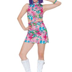 Groovy Go-Go Costume Set Features 60s Printed Knit Mock Neck Dress With Cutouts And Attached Belt, Bangles (3)(Earrings Not Included)(Two-Piece Set) Whether You Want To Stun Everyone At The Halloween Party With Your Sexy Costume Or Want To Spice Things Up, This Sexy Costume Outfit Is An Outstanding Choice. Retro Halloween Cosplay Dress, Summer Costume Party Fitted Costumes, Fitted Summer Costumes For Costume Party, Fitted Pink Halloween Costume, Fitted Pink Costume For Halloween, Fitted Spring Costumes For Cosplay, Spring Party Costumes Fitted, Spring Party Costumes, Fitted, Fitted Fun Party Costume