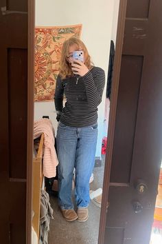 brandy meville cozy fall aesthetic college outfit low rise baggy hollister dark wash medium wash jeans black and gray striped top tori long sleeve ugg neumel chesnut slippers boots Hollister Outfit, Cozy Fall Aesthetic, Aesthetic College, Slippers Boots, Ugg Neumel, College Outfit, Medium Wash Jeans, Fall Aesthetic, Fit Check