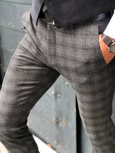 Bakki Slim-Fit Plaid Pants in Black-baagr.myshopify.com-Pants-BOJONI Slim Fit Ripped Jeans, Fabric Pants, Formal Men, Formal Men Outfit, Men Spring, Code Black, Plaid Fabric, Plaid Pants, Mens Spring