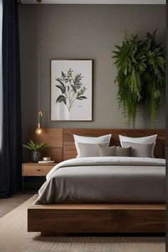 a large bed sitting next to a window in a room with plants on the wall