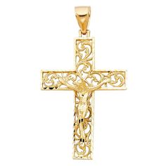 Material Type: 14K Gold Material Color: Yellow Height: 51 mm Width: 36 mm Stones: None All measurements are approximate and may vary slightly from the listed dimensions. Gold Cross Pendant, Gold Diamond Jewelry, Large Jewelry, Old Jewelry, Jesus On The Cross, Gold Cross, Fine Jewellery Necklace, Gold Details, Real Gold