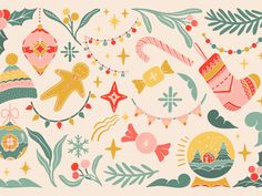 an illustration of christmas ornaments and decorations on a pink background with stars, snowflakes, holly branches, and other holiday elements